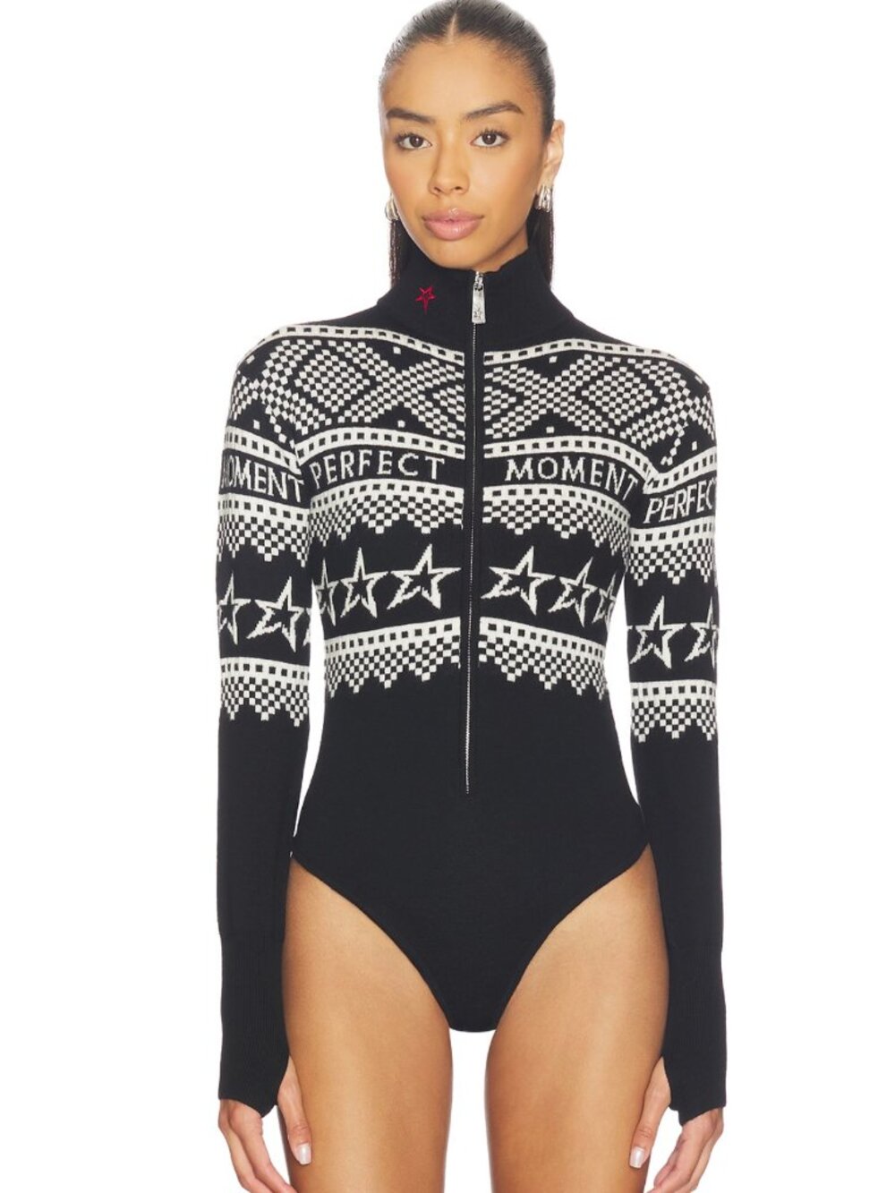 NEW Perfect Moment Holiday Body Sweater Black & White Wool Long Sleeve Bodysuit